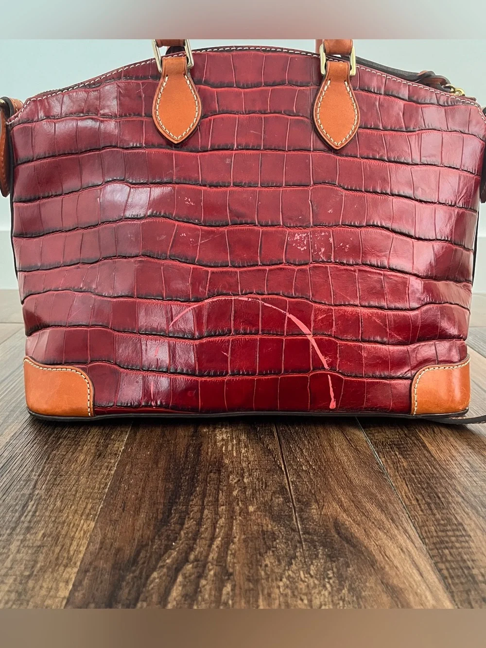 Dooney & Bourke Croc Embossed Leather Satchel Bag Dual Handle Long Strap 3C968